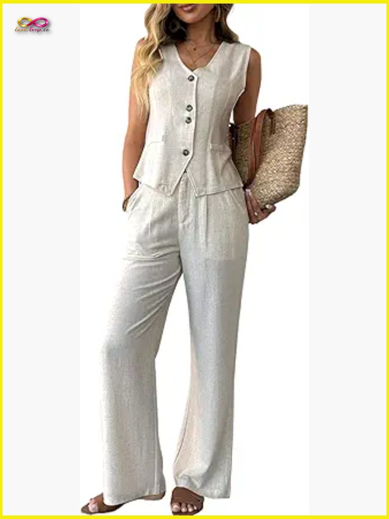 Linen Blend Vest And Wide Leg Pants Set Elegant Business Casual Summer Outfit